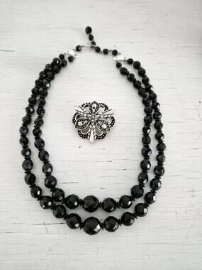 Vintage Double Strand Black Beaded Necklace and Hedy Designer Brooch Set